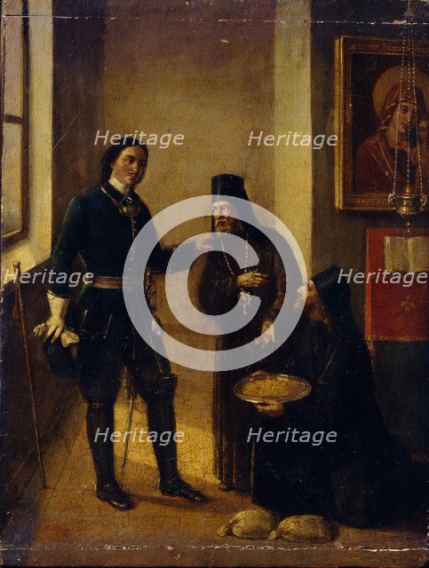 Bishop Mitrophan of Voronezh donating to Peter I for the Azov fleet construction on 1696, 1857. Artist: Terebenev, Mikhail Ivanovich (1795-1864)