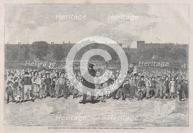 The Fourth of July in Tompkins Square, New York - "The Sogers Are Coming" (Harper..., July 11, 1868. Creator: Unknown.