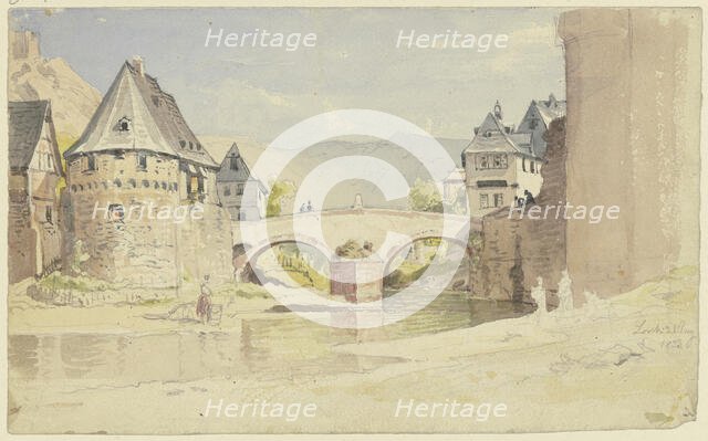 The vanished stone bridge of 1556 over the Wisper in Lorch in the Rheingau, 1853. Creator: Carl Morgenstern.