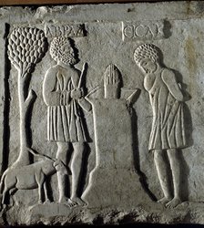 Detail of sarcophagus relief of the church of Santa Cruz. Ecija (Seville) with the sacrifice of I…