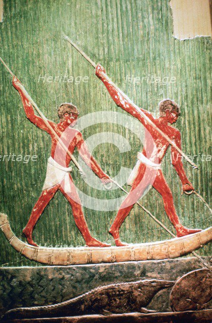 Egyptian painted relief of a hippopotamous hunt. Artist: Unknown