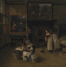 Interior with a Woman Embroidering and Rocking a Child in a Cradle, 1671. Creator: Jan Siberechts.
