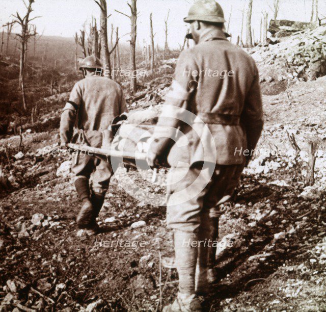 Transporting the wounded, Chemin des Dames, northern France, c1914-c1918.  Artist: Unknown.