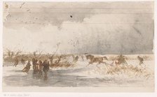 Skaters and horse sleigh on the ice, 1840-1880. Creator: Johannes Tavenraat.