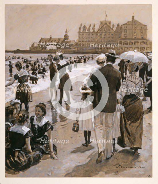 Beach Scene from Harper's Weekly, pub. 1900 (coloured lithograph)
