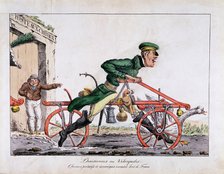 Draisienne or velocipede shown replacing horses in the French post service, 1818. Artist: Unknown