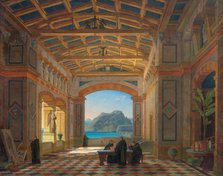 Italian monastery hall with Benedictine monks and a view of Capri, 1855. Creator: Klenze; Leo; von (1784-1864).