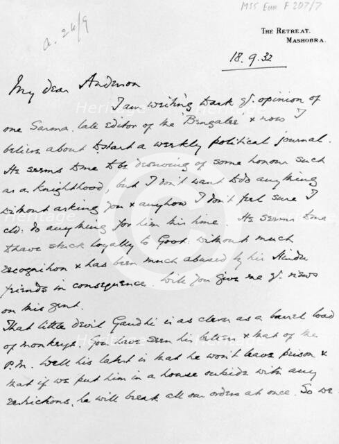 Letter from the Viceroy of India to the Governor of Bengal, 1932. Creator: Lord Willingdon.