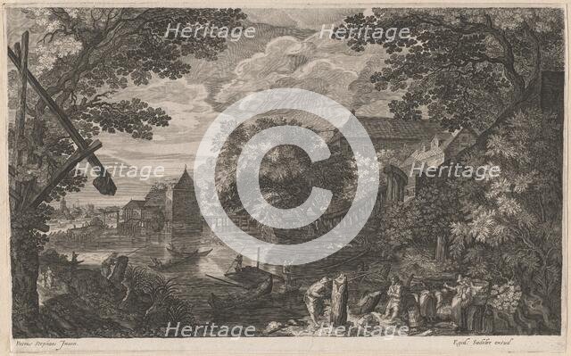 Riverscape with Fishermen by a Fortified Town, 1600/1615. Creators: Aegidius Sadeler II, Pieter Stevens.