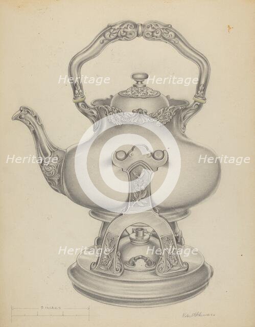 Silver Kettle with Lamp & Stand, c. 1937. Creator: R.E. Schearer.