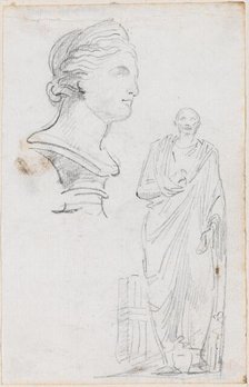 Bust of a Roman Woman and Statue of a Roman Man, probably c. 1754/1765. Creator: Hubert Robert.