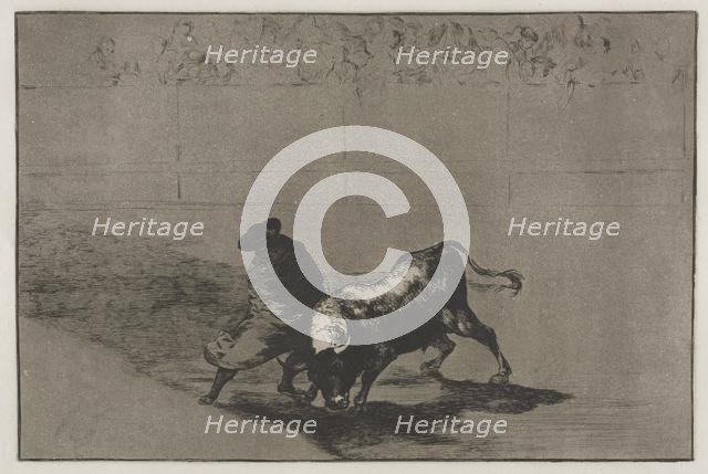 Bullfights: The Very Skilful Student of Falces, Wrapped in his Cape, Tricks the Bull..., 1876. Creator: Francisco de Goya (Spanish, 1746-1828).