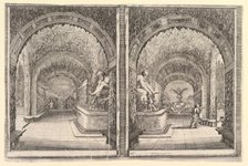 Two views of a grotto, both views with a fountain with a seated statue, seen from the ..., ca. 1653. Creator: Stefano della Bella.