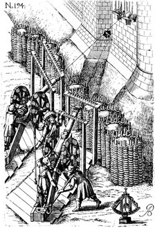 Laying siege canon on target, from 'Le diverse et artificiose machine', 1620. Artist: Unknown