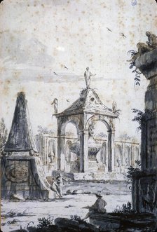Architectural Capriccio of an Antique Cemetery with Three Tombs, between 1767 and 1772. Creator: Giovanni Francesco Costa.