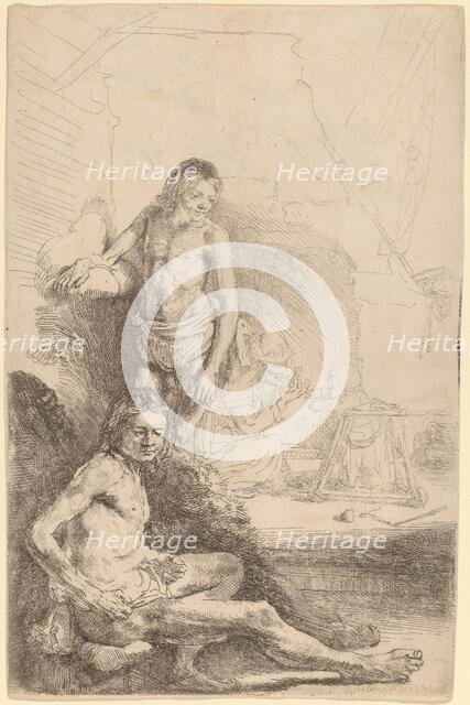 Nude Man Seated and Nude Man Standing, with a Woman and Baby in the Background, c. 1646. Creator: Rembrandt Harmensz van Rijn.