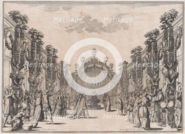 A large group gathered in a courtyard before a domed structure; musicians play at left; se..., 1674. Creator: Mathäus Küsel.
