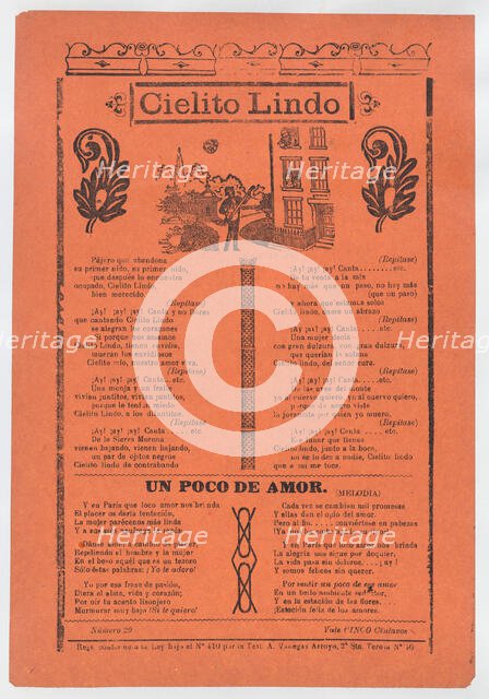 Broadsheet with love songs, man playing an instrument and singing outside of his ..., ca. 1900-1913. Creator: José Guadalupe Posada.