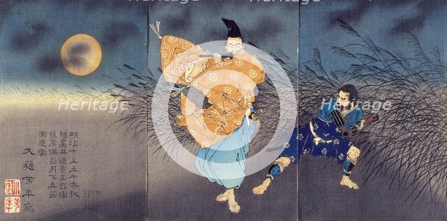 Fujiwara no Yasumasa Playing the Flute by Moonlight, 1883. Creator: Tsukioka Yoshitoshi.