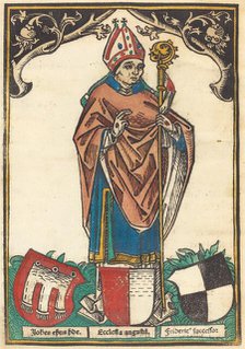 Bishop of Augsburg with Three Coats of Arms, c. 1485. Creator: Unknown.