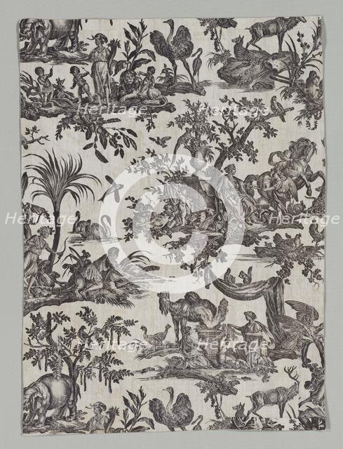 Fragment of Copperplate Printed Cotton with "Les quatres parties du monde" Design, 1788. Creator: Christophe Philippe Oberkampf (French, 1738-1815), firm of ; Jean-Baptiste Marie Hüet (French, 1745-1811).