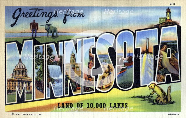 'Greetings from Minnesota, Land of 10,000 Lakes', postcard, 1940. Artist: Unknown