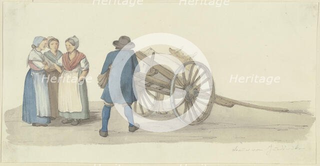 A A farmer and three women from the Hunsrück region by a cart, with a cow behind them, c1840s. Creator: Jakob Dielmann.