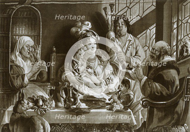 'Soprano recorders and bagpipes; Brussels gobelin designed by Jacobus Jordaens', 1948. Artist: Unknown.