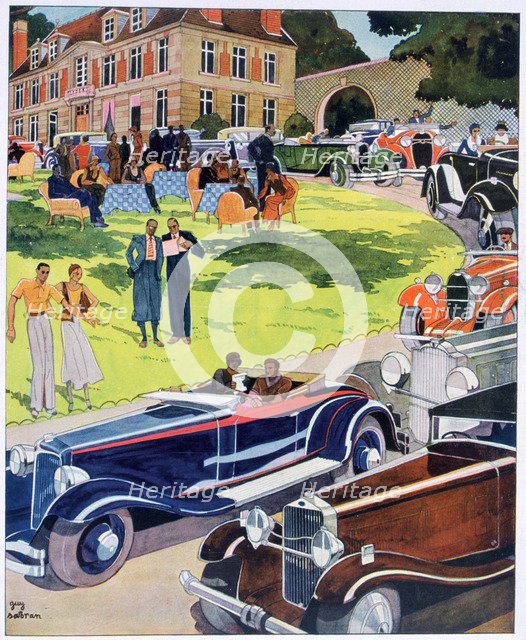 The departure of an automobile rally, 1931. Artist: Guy Sabran