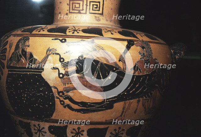 Hercules bring Cerberus to Eurystheus (sheltering in the large jar), c6th century BC Artist: Unknown.