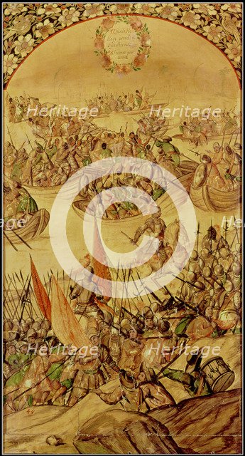 Conquest of America, García de Holguín occupying Quanhtemoc, painting from 1698 by Miguel Gonzale…