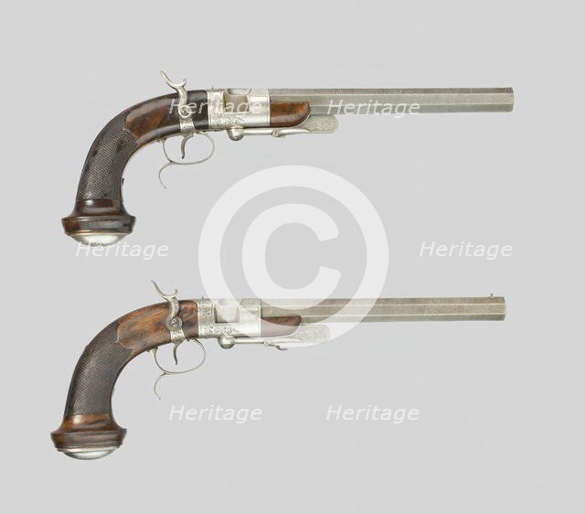 Pair of Breechloading Percussion Rifled Dueling Pistols, Paris, c. 1850. Creator: Beatus Beringer.