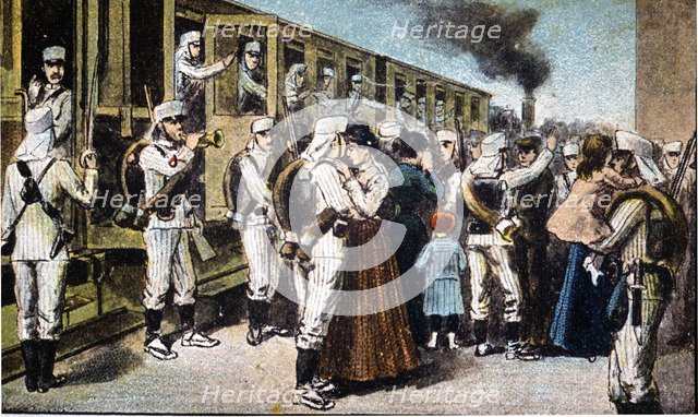 Morocco's War (1909-1913), reservists boarding in the Madrid station, drawing of the time.