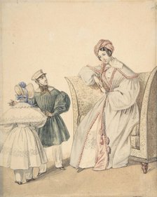 Fashion Drawing with a Woman Seated in a Chair with a Boy and Girl, 19th century. Creator: Numa Bassaget.