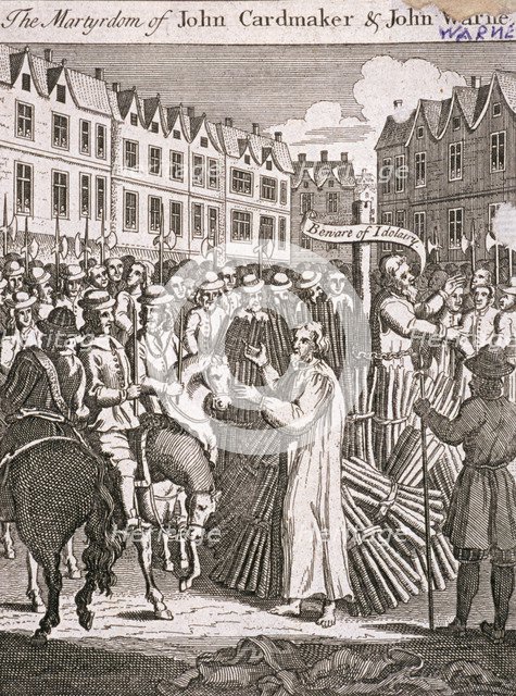 The execution of John Cardmaker and John Warne at Smithfield, 1555, (c1725).  Artist: Anon