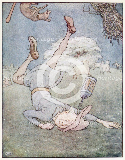 The man in the moon came tumbling down, from A Nursery Rhyme Picture Book, pub. 1914. Creator: Leonard Leslie Brooke (1862 - 1940).