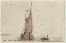 Sailing ship and rowing boat on the water, 1855. Creator: Johan Conrad Greive.