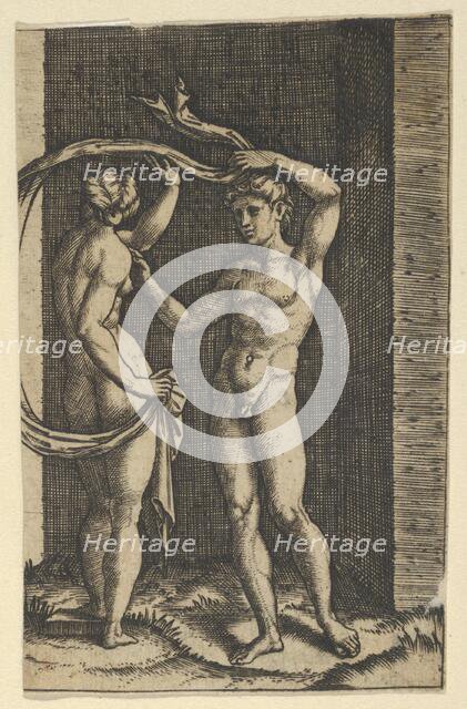 Nude woman viewed from behind holding fabric which blows behind her, looking at m..., ca. 1500-1534. Creator: Marcantonio Raimondi.