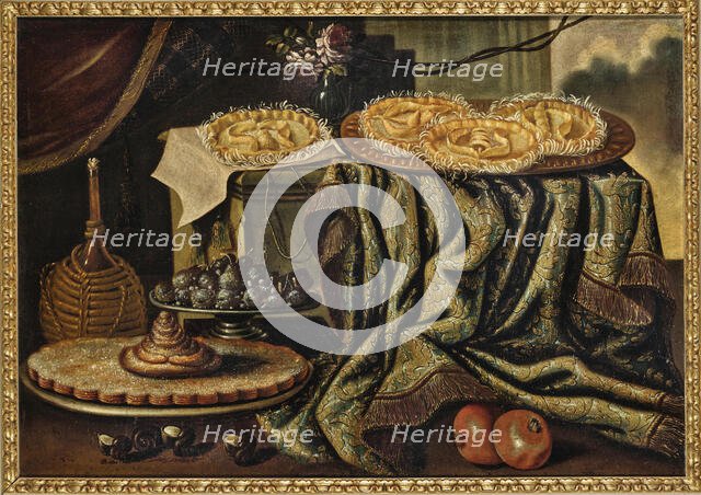 Cake and a glass vase with roses on a draped ledge, a bottle and pewter plates..., Early 18th cen. Creator: Anonymous.