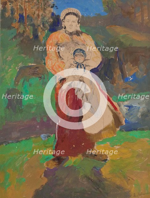 Mother and Child in Landscape. Artist: Malyavin, Filipp Andreyevich (1869-1940)