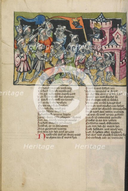 Moses Defeating the Muslim Army; Weltchronik, about 1400-1410. Creator: Unknown.