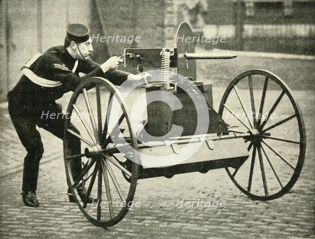 'Types of Arms - Lord Dundonald's Galloping Gun-Carriage with Maxim', 1900. Creator: Gregory & Co.