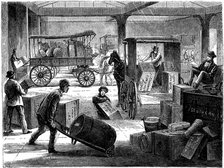 Loading up horse-drawn vans at the Wells Fargo general office, New York, USA, 1875. Artist: Unknown