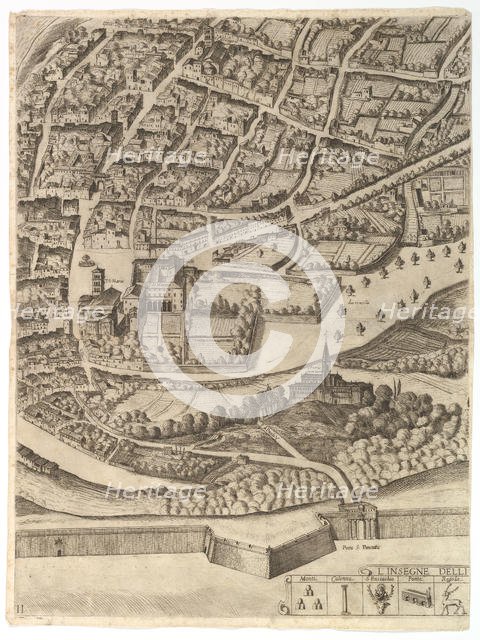 Plan of the City of Rome. Part 11 with the San Pancrazio (left bank), 1645. Creator: Antonio Tempesta.