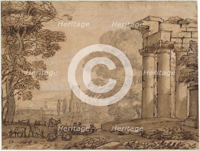 Landscape with Ruins, Pastoral Figures, and Trees, c. 1650. Creator: Claude Lorrain.