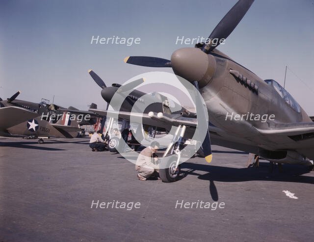P-51 ("Mustang") fighter planes being prep...North American Aviation, Inc, Inglewood, Calif., 1942. Creator: Alfred T Palmer.