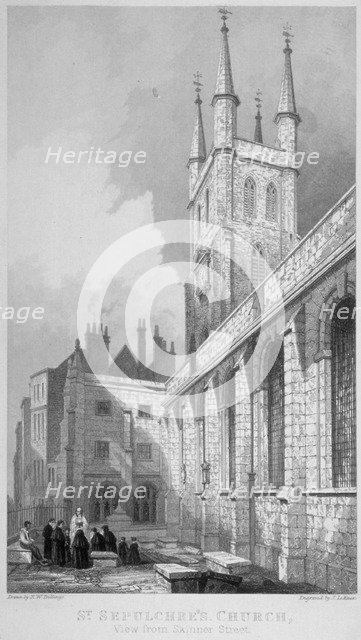 View of St Sepulchre Church from Skinner Street, City of London, 1837. Artist: John Le Keux