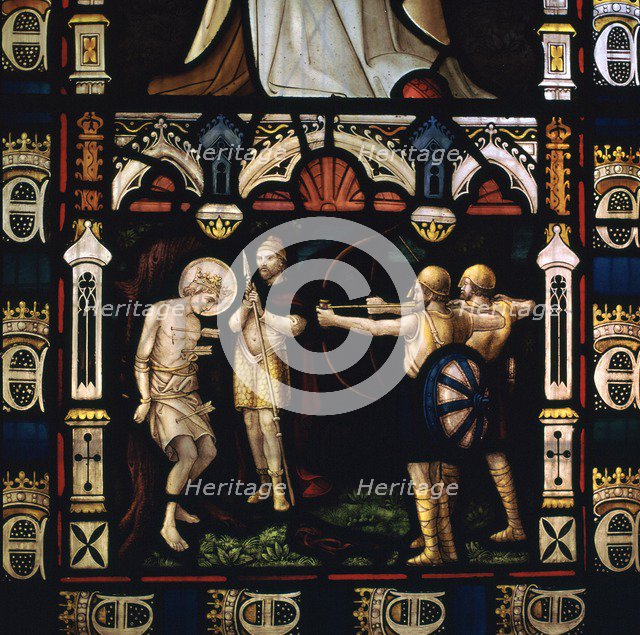 Stained glass window of St Edmund being martyred by Danes, 9th century. Artist: Unknown