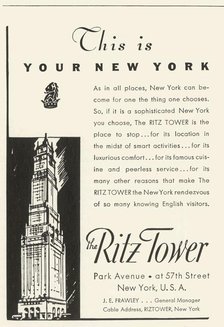 Advertisement for the Ritz Tower Hotel in New York, 1934. Creator: Unknown.
