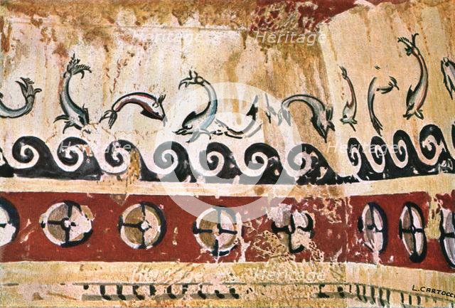 Mural painting in the Tomb of Typhon (Tomba del Tifone) at Tarquinia, Italy, (1928]. Creator: Unknown.